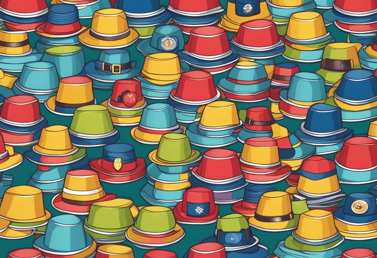 A table with various corporate gift caps arranged neatly for display