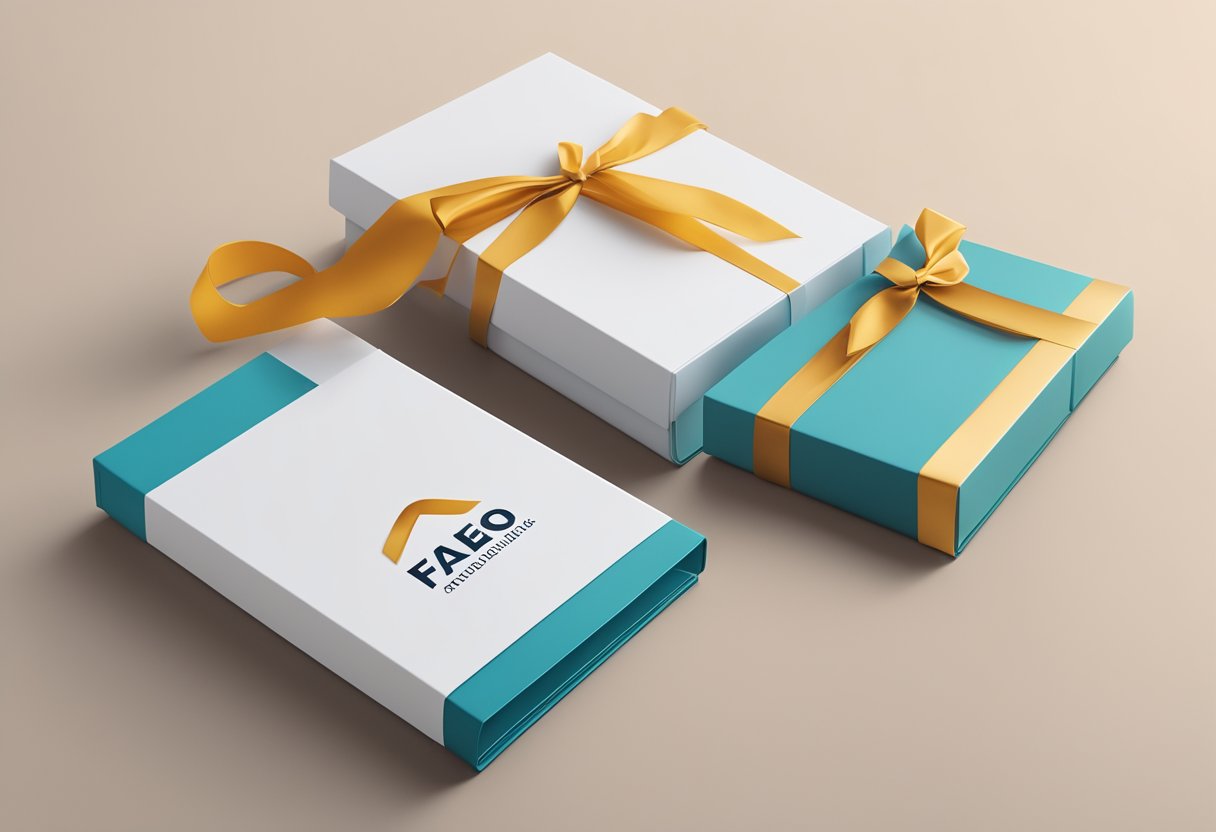 A stack of branded FAQ booklets next to a sleek corporate gift box with a ribbon, on a clean, modern desk