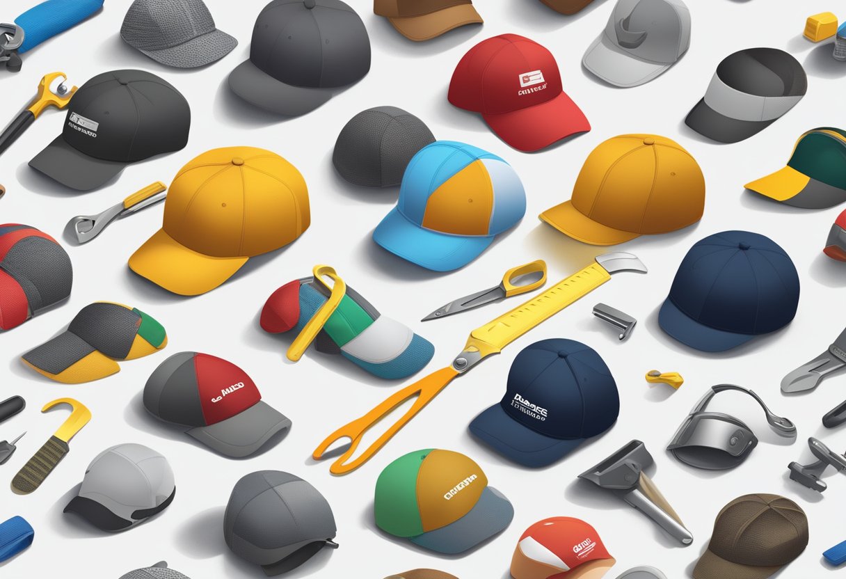 Customisation Techniques and Materials corporate gifts caps. Various tools, machines, and materials laid out on a workbench. Caps in different colors and styles displayed for customization