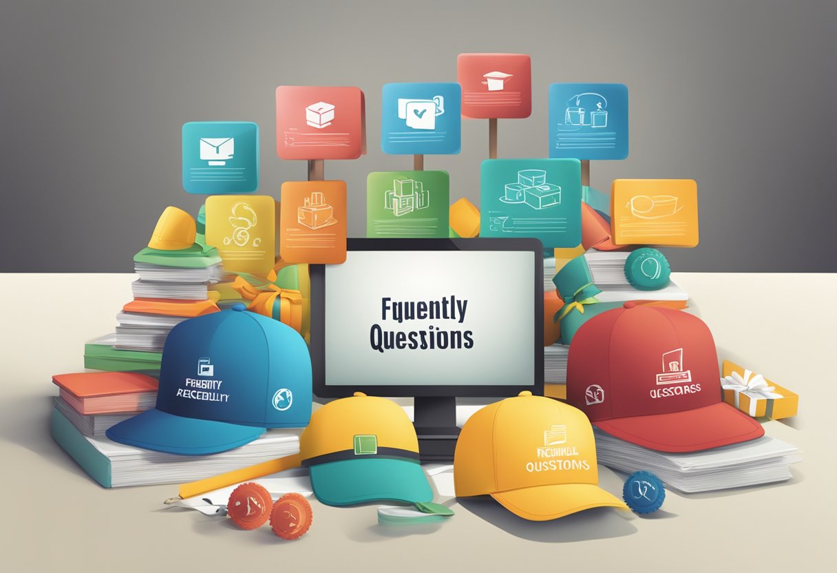A table with various corporate gift caps displayed, a sign reading "Frequently Asked Questions" above
