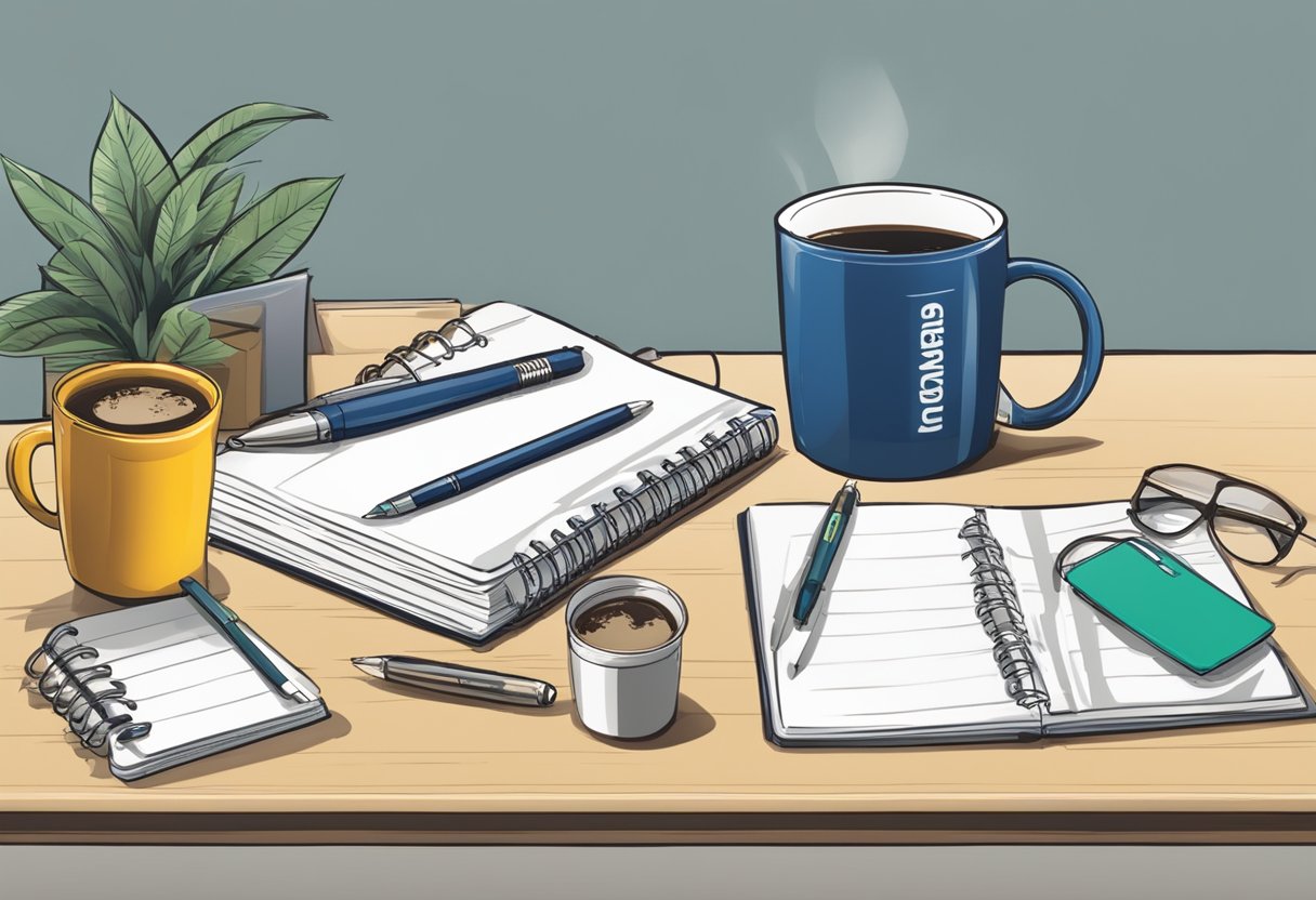 A table with various corporate gifts: branded mugs, pens, and notebooks. A sign reads "Frequently Asked Questions corporate gifts durban."