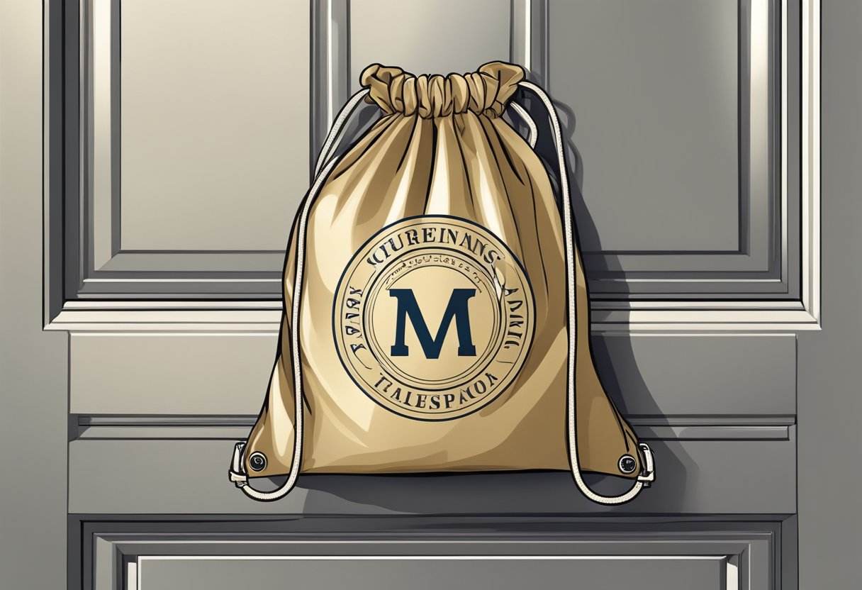 A drawstring bag with a logo hangs from a doorknob