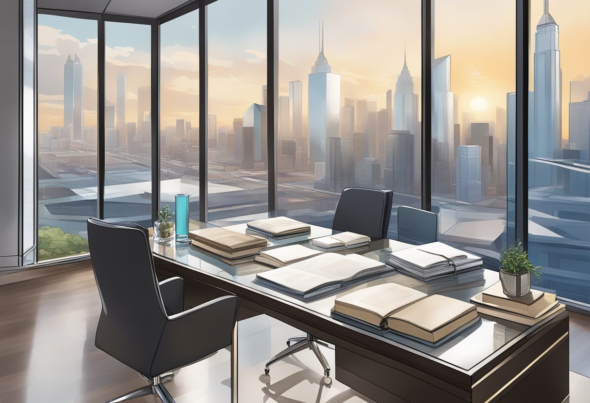 A table adorned with luxurious corporate gifts: leather-bound journals, crystal paperweights, and sleek pen sets. A backdrop of a modern office space with large windows and city skyline