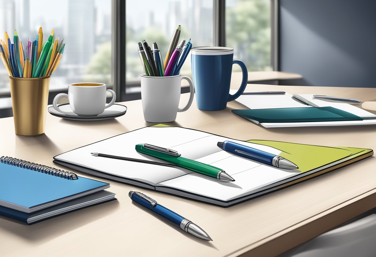 A table with branded pens, notebooks, and mugs. A banner with "Corporate Gifts" hangs in the background