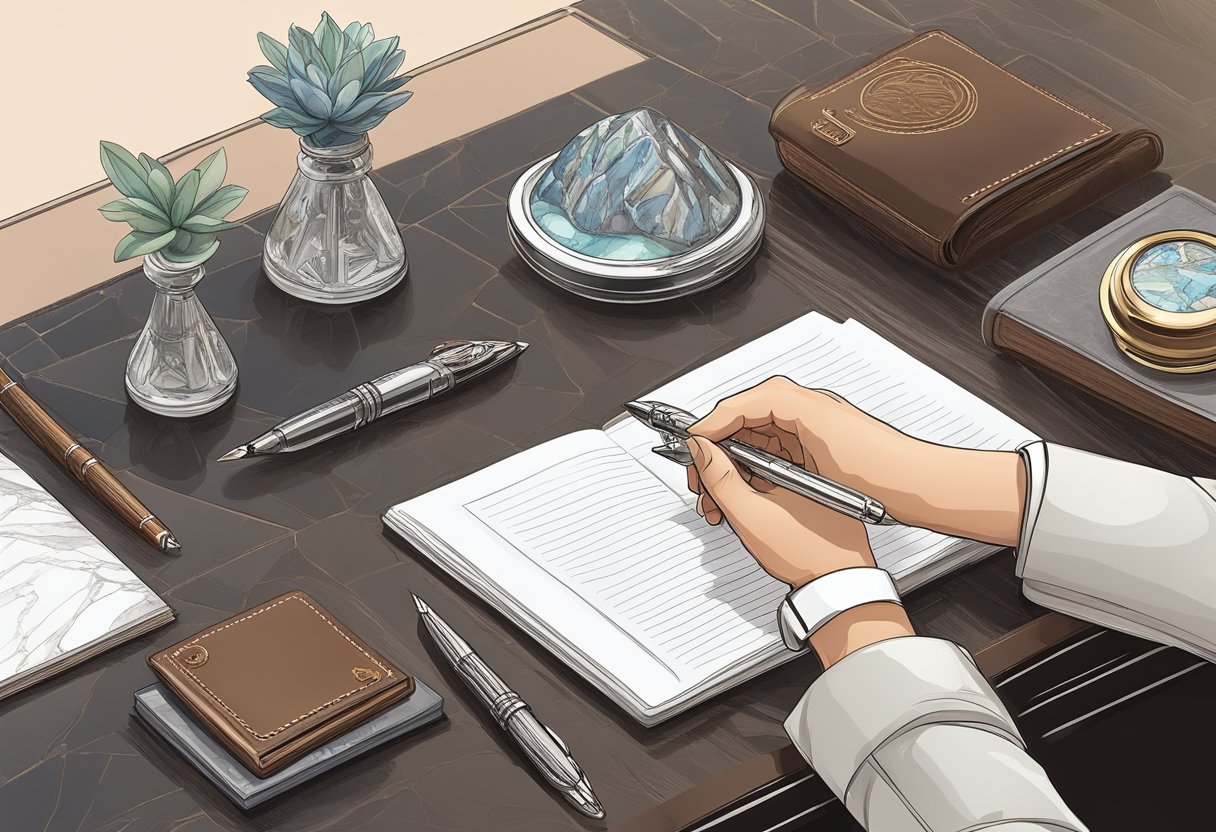 A hand reaches for a sleek, silver pen on a luxurious desk, surrounded by leather-bound notebooks and a polished marble paperweight