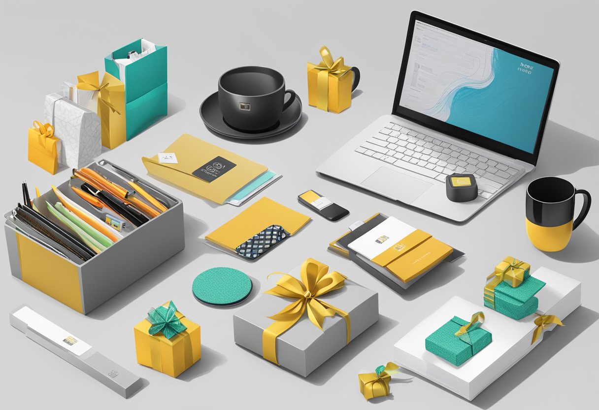 A table with various affordable corporate gift options displayed, including branded stationery, tech accessories, and gourmet gift baskets
