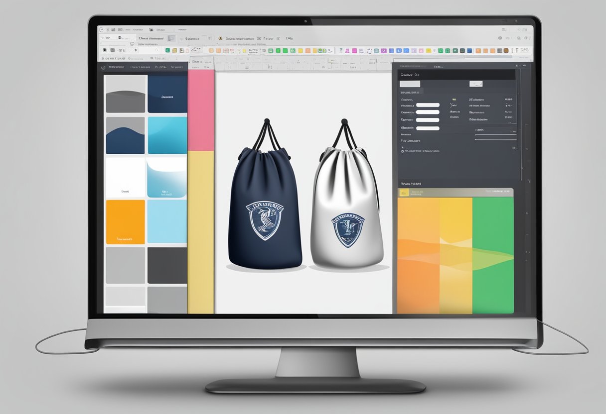 A drawstring bag with a prominent logo is being designed on a computer screen, with various color and font options displayed