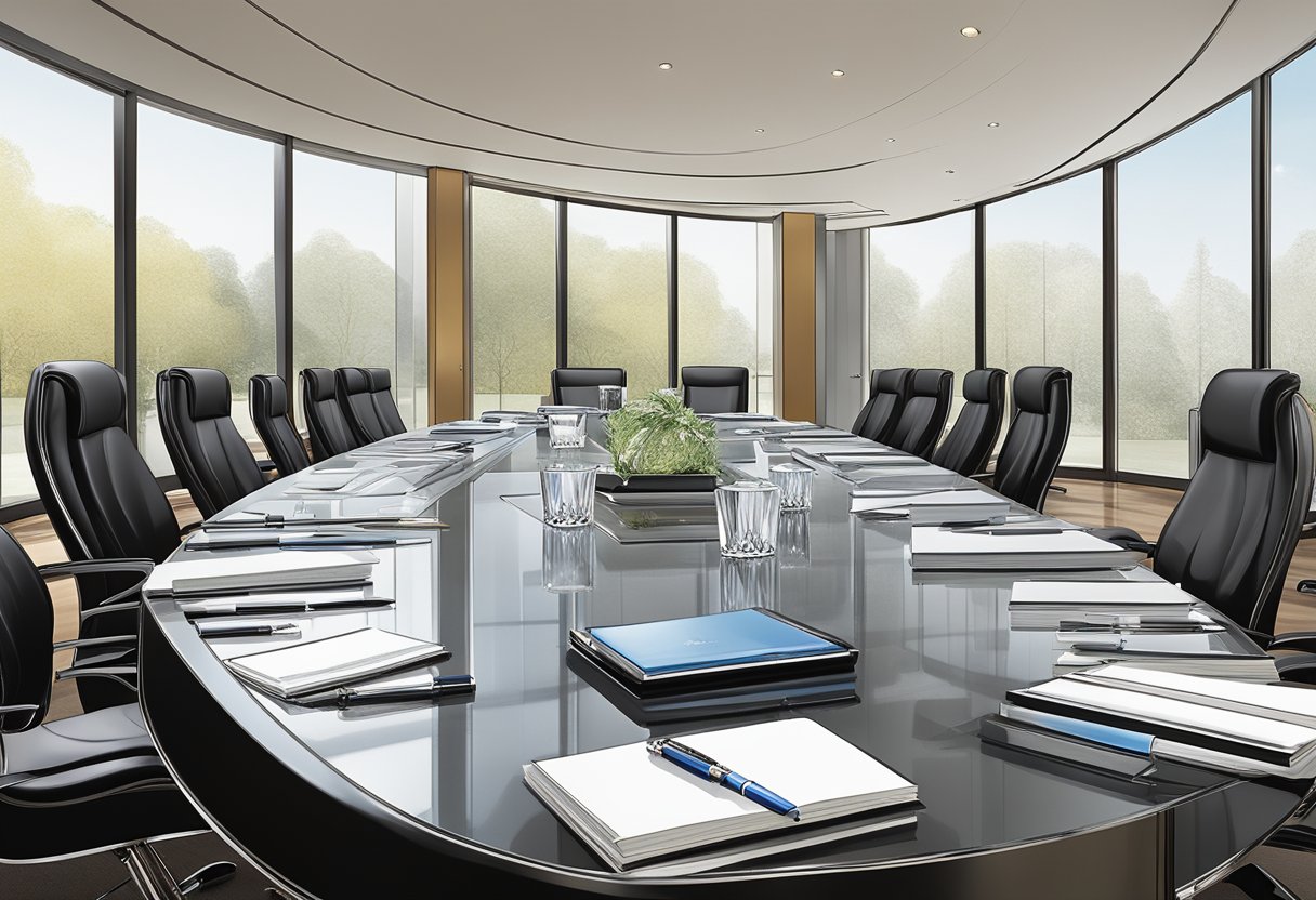 A lavish display of high-end corporate gifts, including luxury pens, leather-bound notebooks, and custom-engraved crystal awards, arranged on a sleek, modern conference table