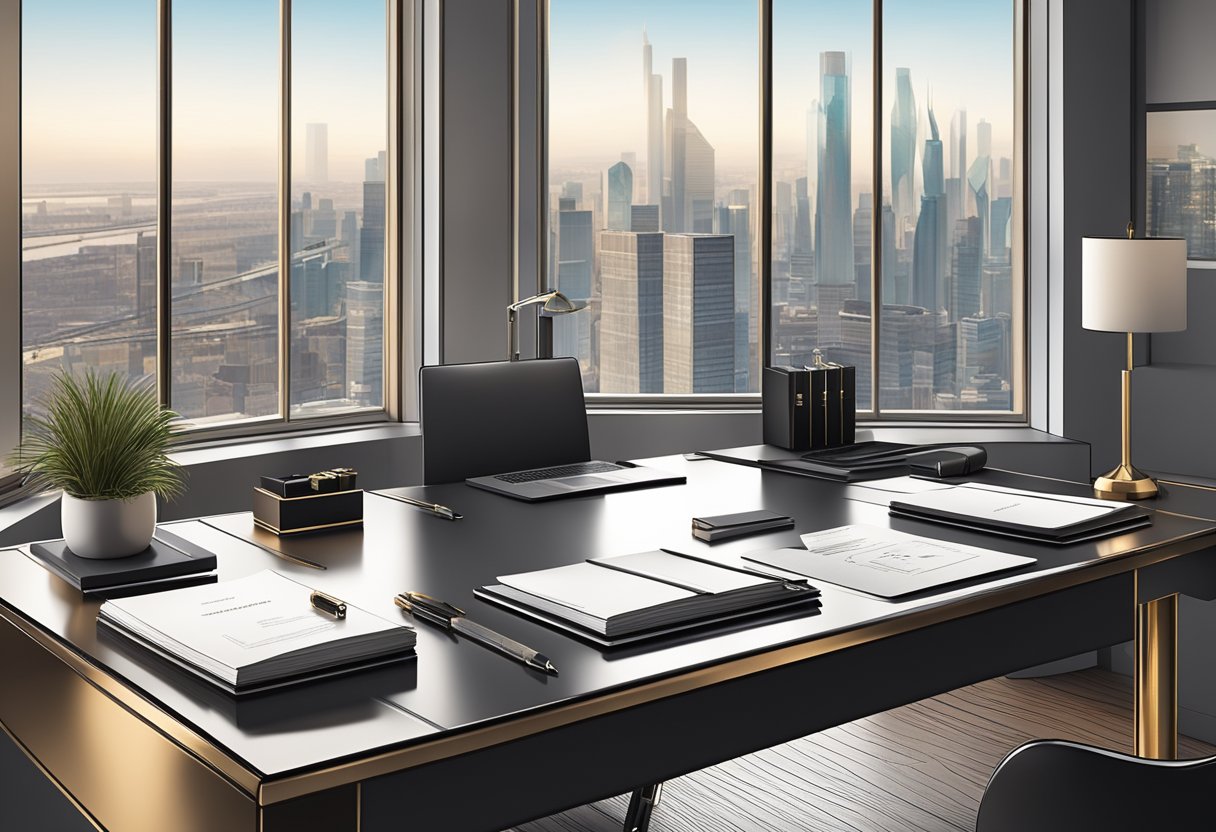 A sleek desk with luxury pens, leather notebooks, and engraved business card holders. A backdrop of modern office decor and a view of the city skyline