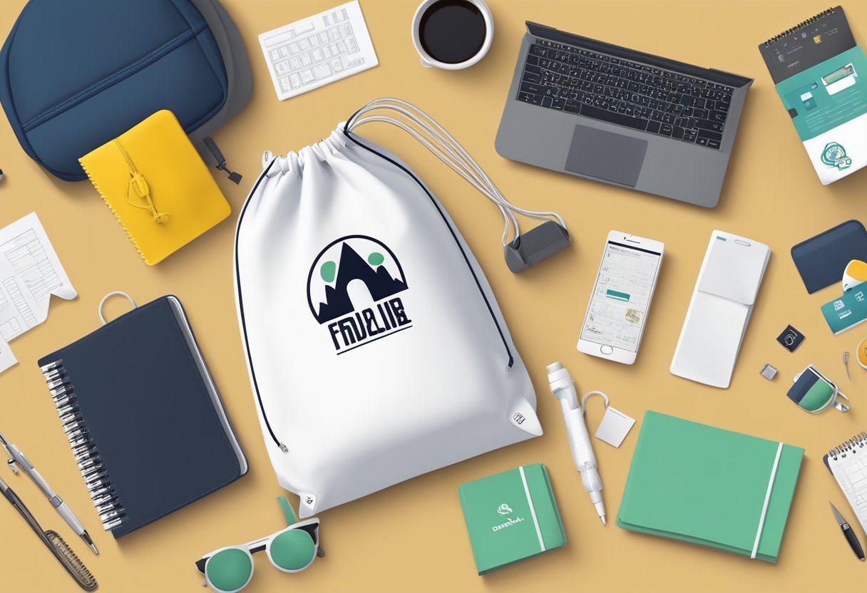 A drawstring bag with a prominent logo sits on a table, surrounded by various marketing materials and promotional items