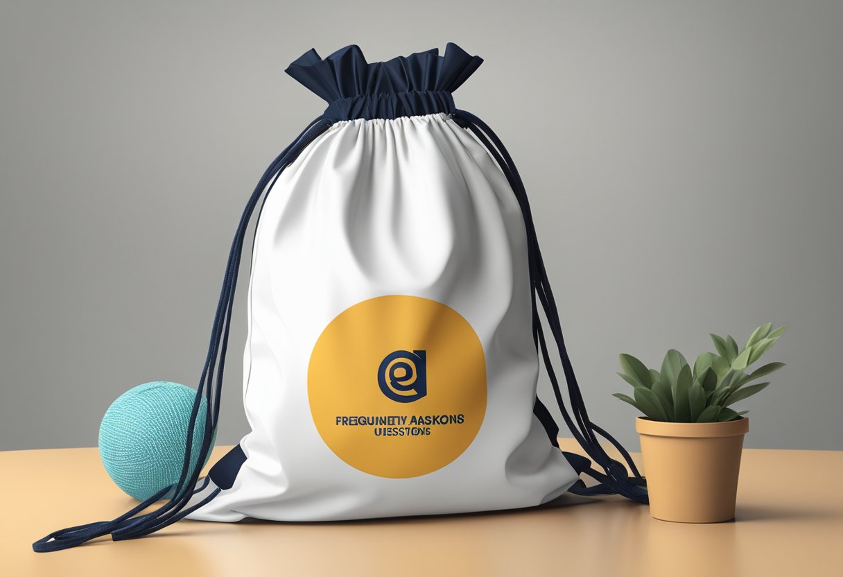 A drawstring bag with the logo "Frequently Asked Questions" prominently displayed on the front
