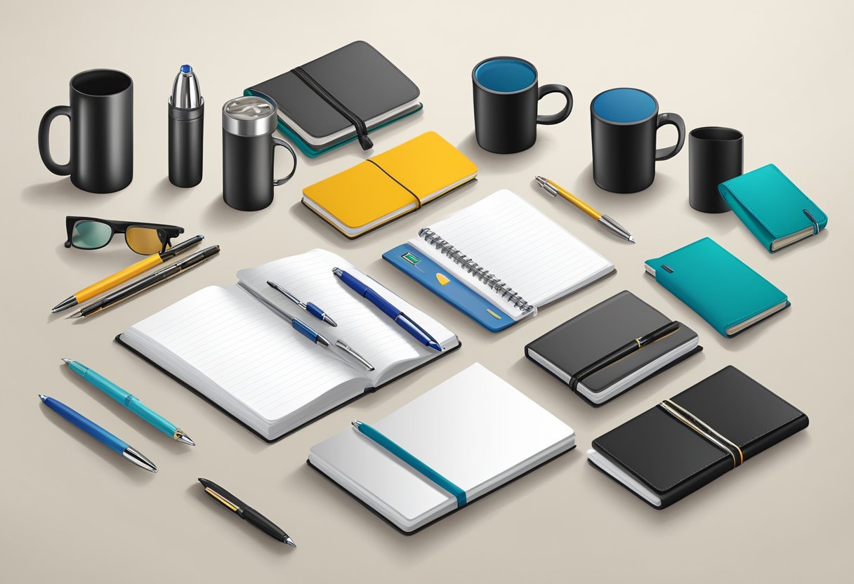 A table with various corporate gift items such as branded pens, notebooks, and travel mugs displayed in an organized and appealing manner