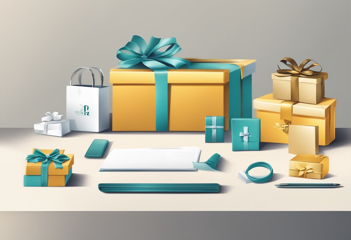 A table adorned with sleek, professional gifts. A sign reads "Frequently Asked Questions elegant corporate gifts" in elegant font