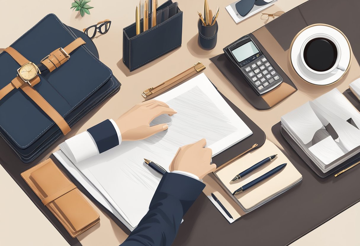 A hand reaches for a luxurious pen set, surrounded by high-end leather portfolios and elegant desk accessories. The backdrop is a sleek, modern office space with subtle branding elements