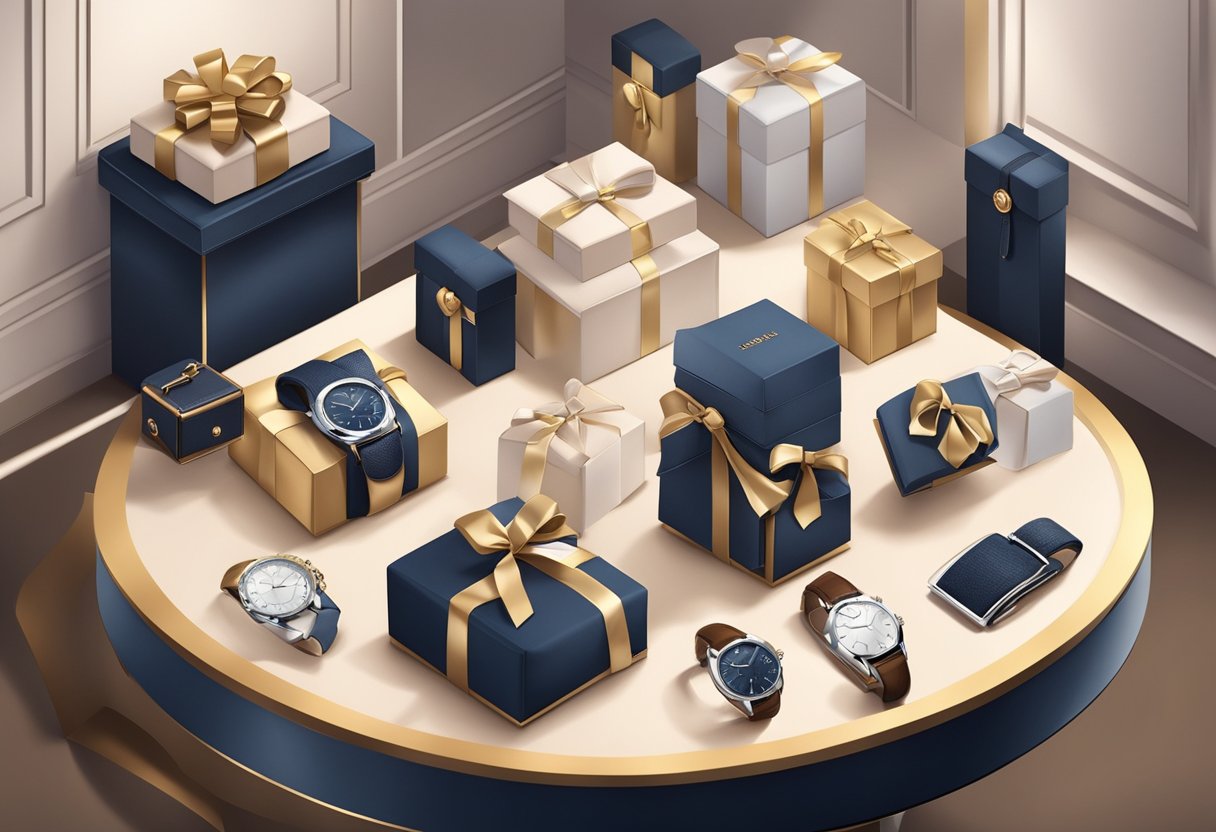 A lavish gift display featuring luxury items like watches, leather goods, and high-end electronics, arranged in an elegant setting with soft lighting