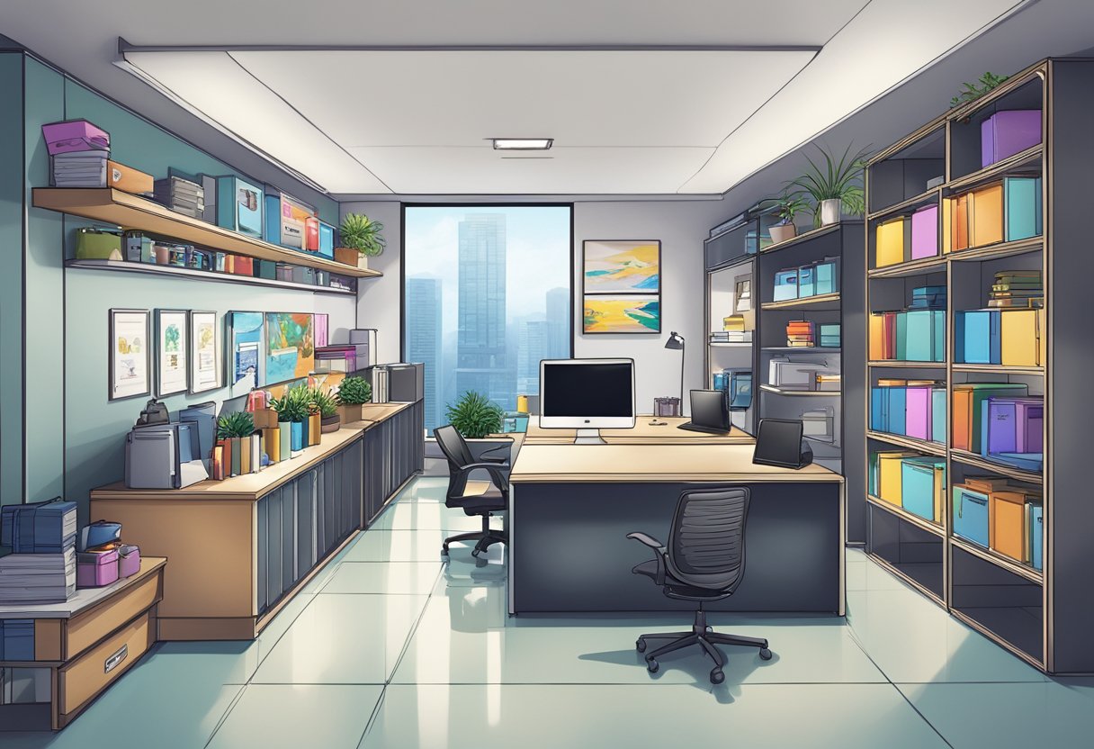 A modern office space with the company name "dc9 gifts pte ltd" displayed prominently on the wall. Shelves filled with colorful products and a desk with a computer and logo