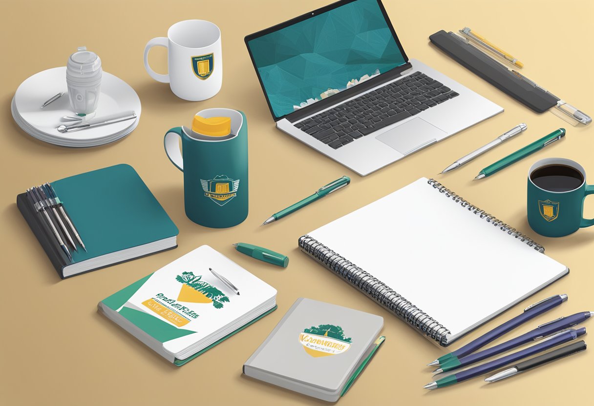 A table with various corporate gift items displayed, including branded pens, custom notebooks, and logo-printed mugs