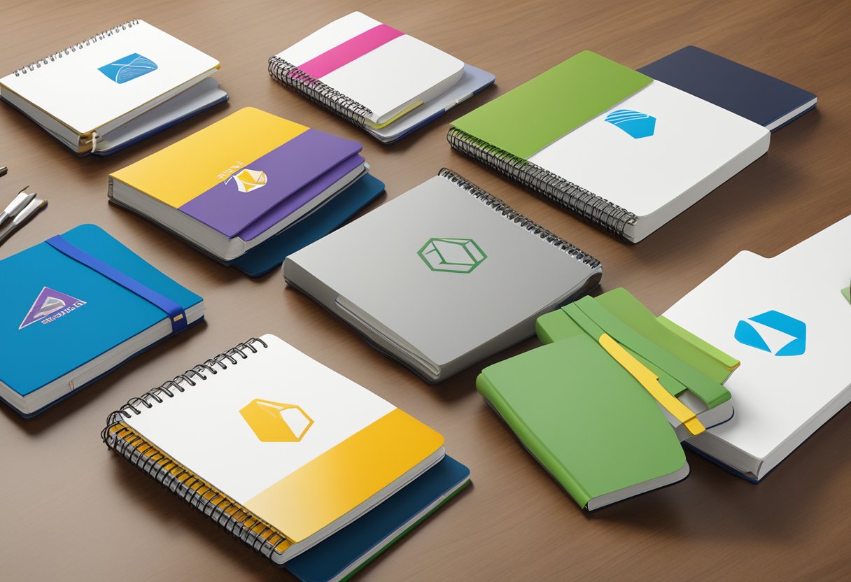 A table covered with customized notebooks, each displaying a distinct logo