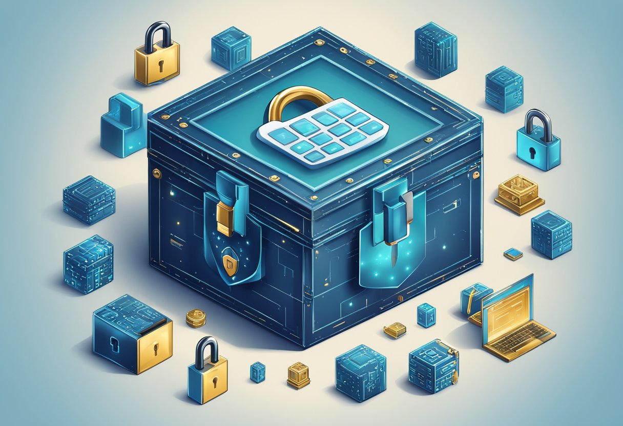 A corporate gift box with cybersecurity-themed items like a padlock, shield, and computer, surrounded by binary code and a digital lock