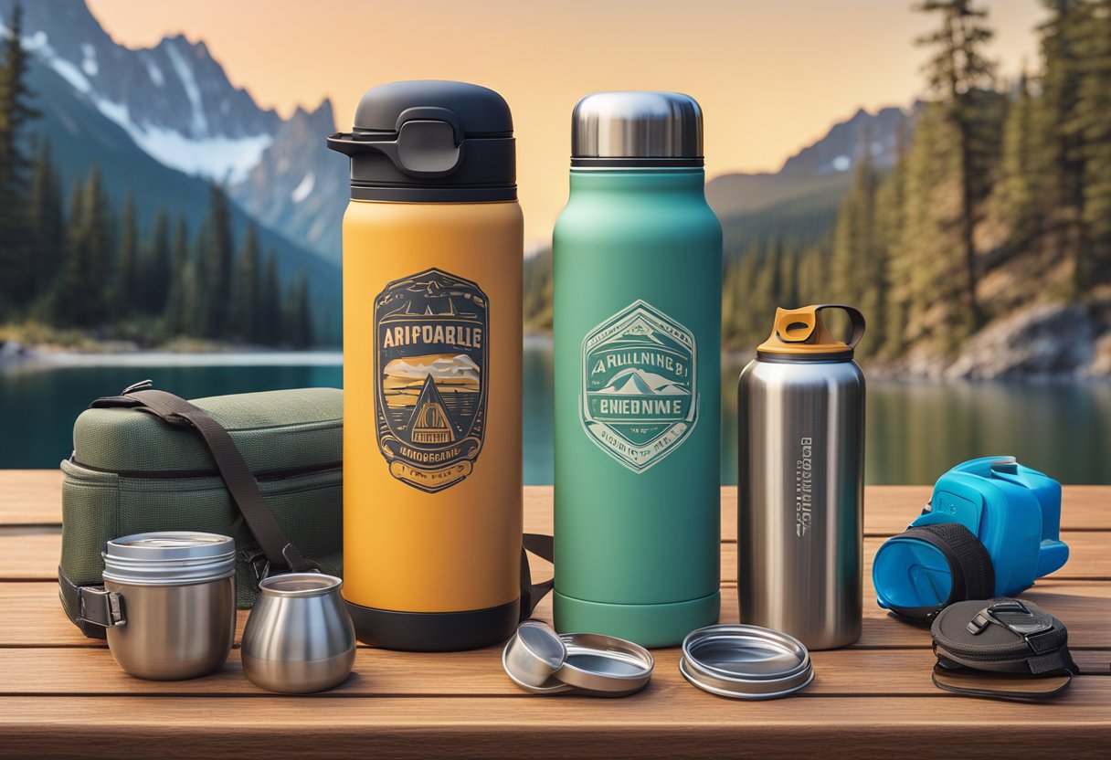 A customised thermal flask sits on a wooden table, surrounded by outdoor adventure gear. The flask is adorned with colorful stickers and shows signs of use