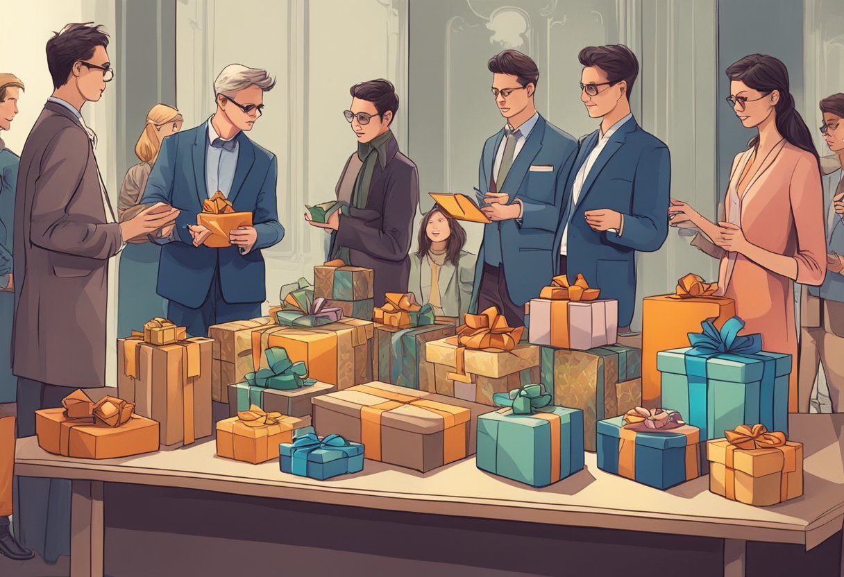 A table with high-end gifts displayed, surrounded by curious onlookers