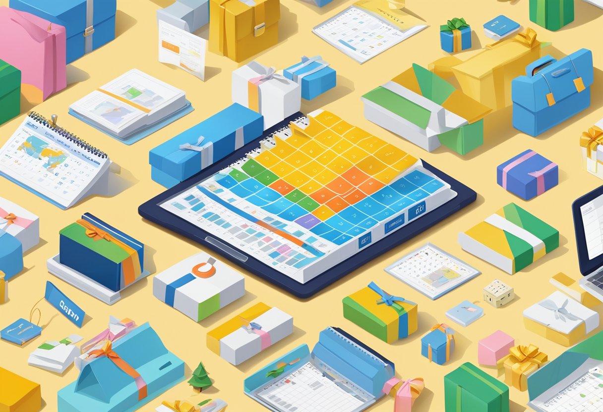 A digital calendar surrounded by corporate gifts in Singapore