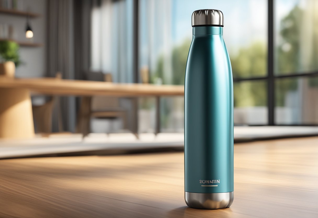 A double wall vacuum insulated water bottle sits on a wooden table in a sunlit room. The bottle is sleek and metallic, with a small amount of condensation forming on the exterior