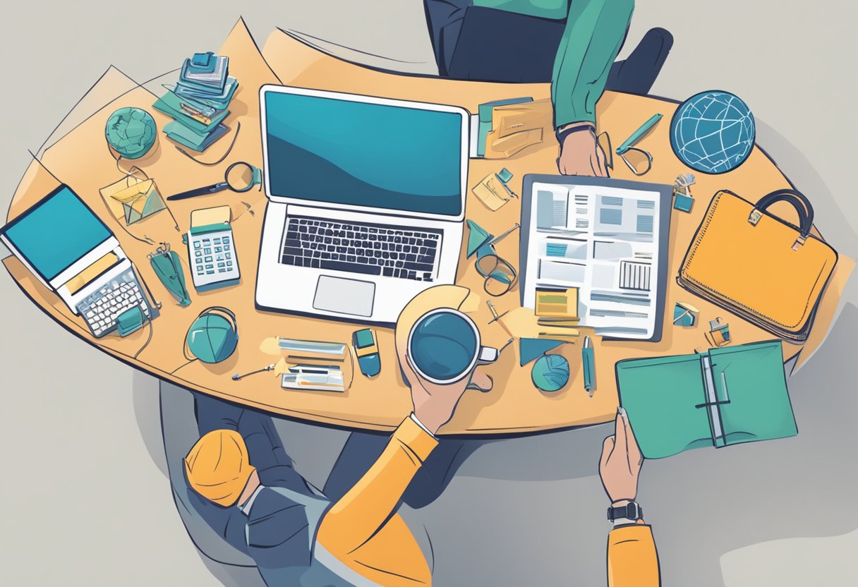 A person chooses from a variety of cybersecurity corporate gifts on a table