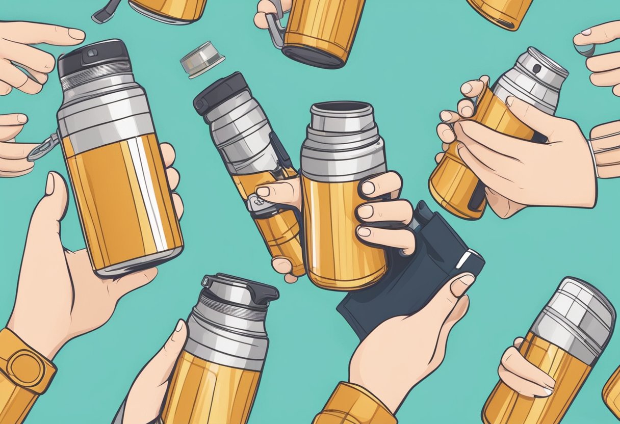 A hand holding a blank thermal flask, with various design options floating around it
