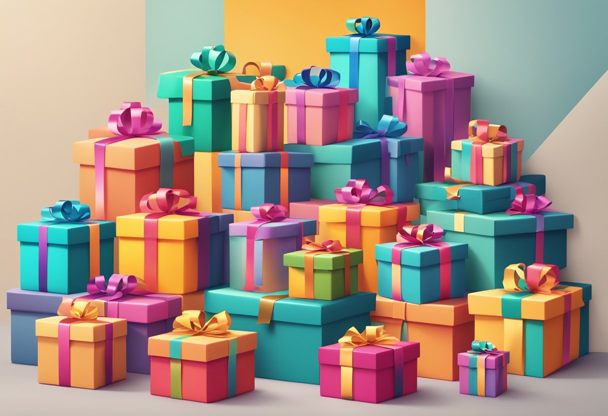A stack of colorful gift boxes with the company logo, surrounded by floating question marks and a banner reading "Frequently Asked Questions."