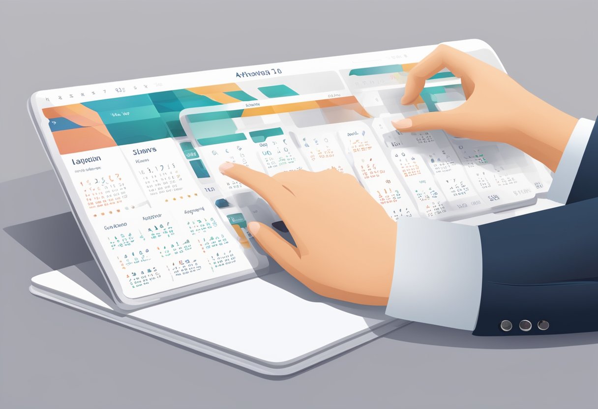 A hand reaches for a sleek digital calendar, surrounded by various corporate gift options. The calendar's modern design and customizable features make it the perfect choice for corporate gifting