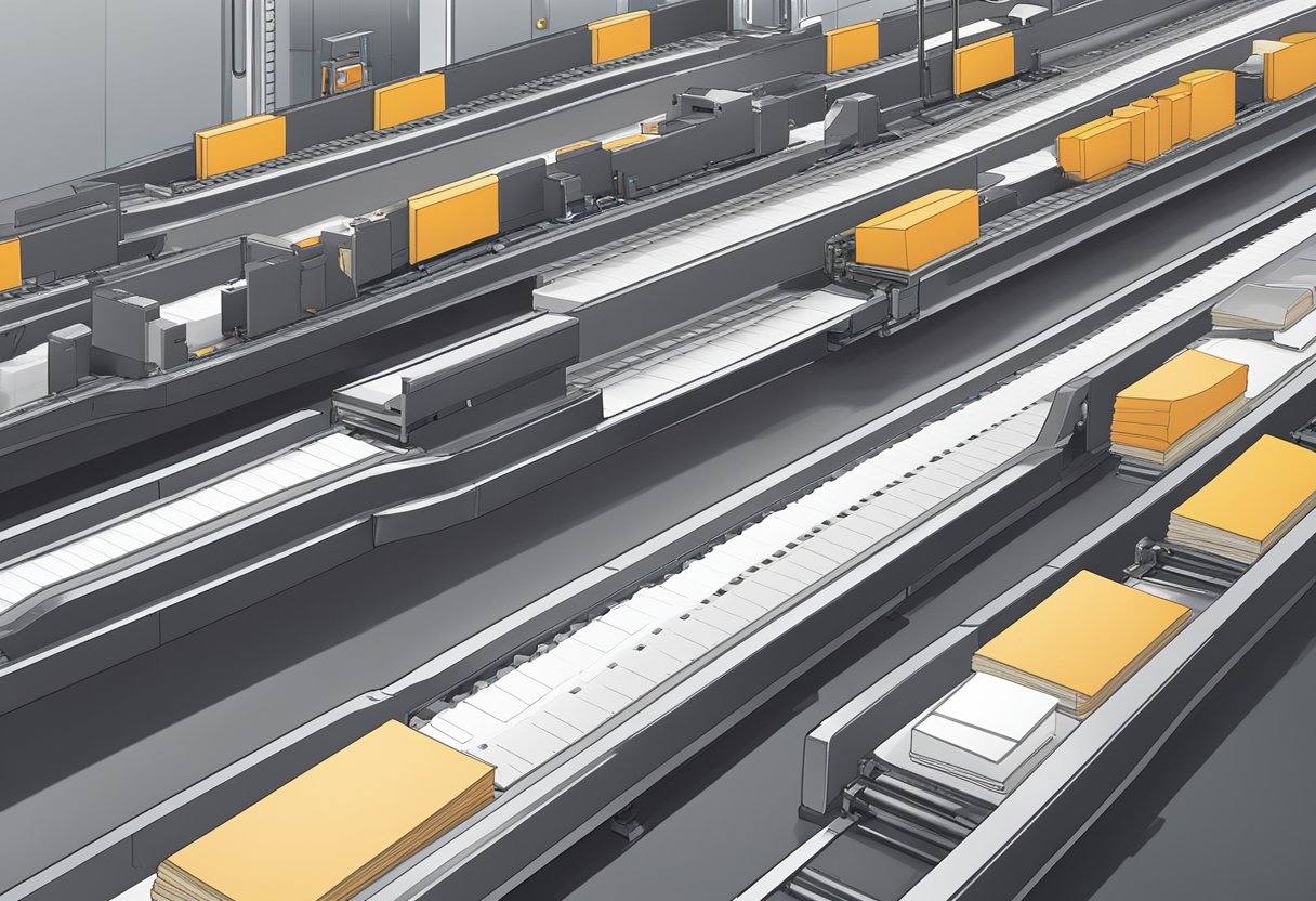 A conveyor belt moves customized notebooks with logos through a production facility, ready for delivery