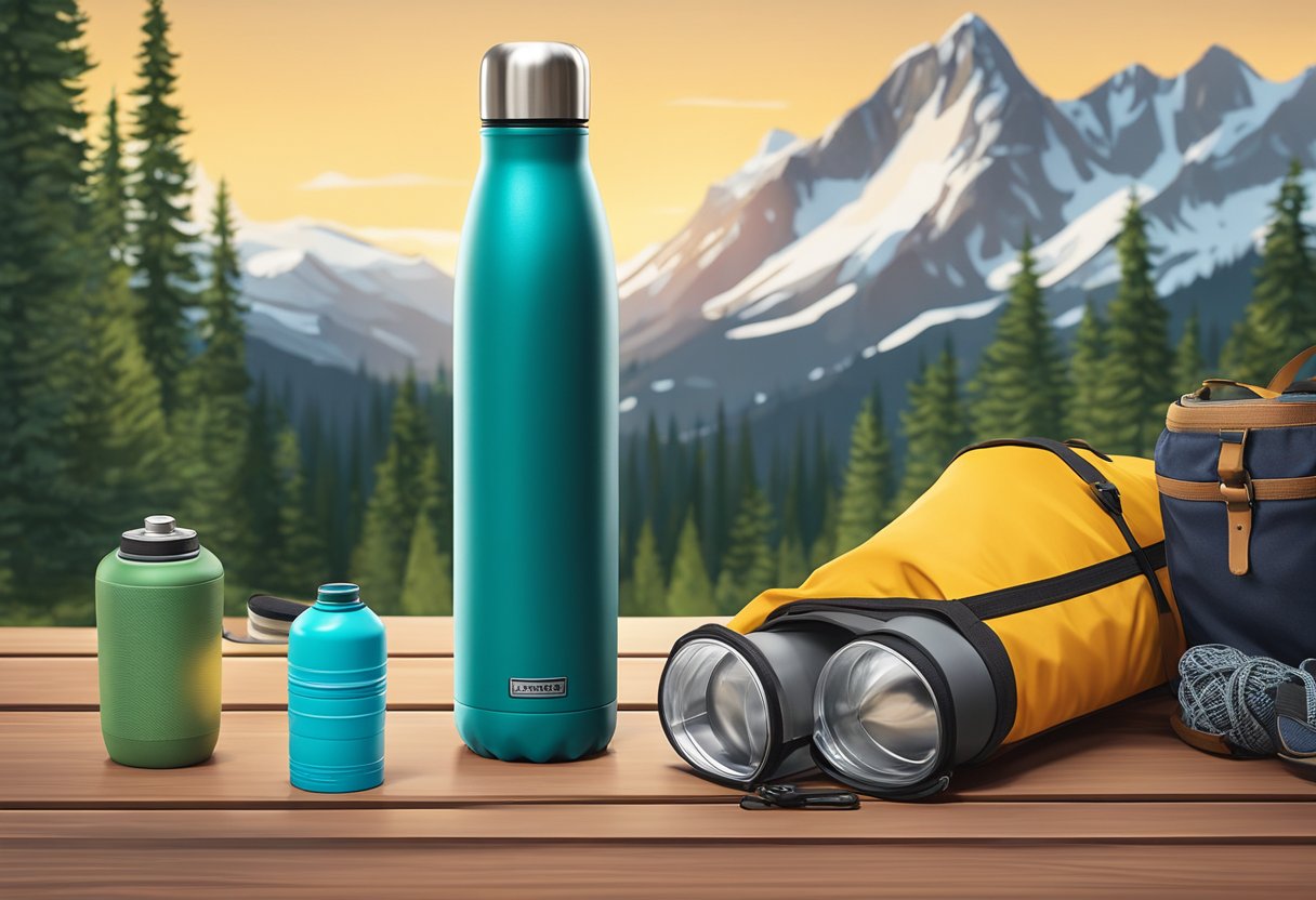 A double wall vacuum insulated water bottle sits on a wooden table, surrounded by outdoor adventure gear