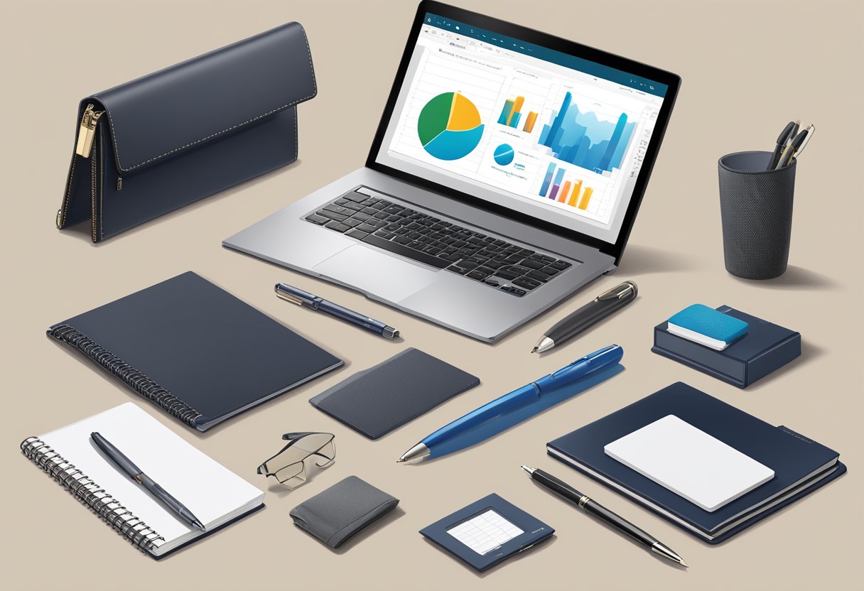A table displays various corporate gift items: branded notebooks, high-quality pens, elegant desk organizers, and personalized tech accessories