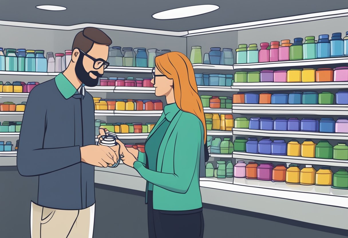 A customer selecting a customised thermal flask, while a sales representative assists with after-sale services