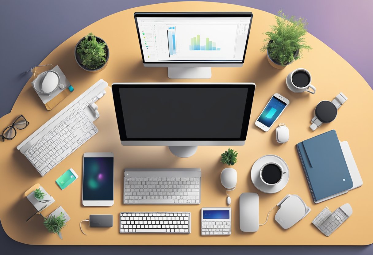 A modern office desk with sleek tech gadgets and accessories, including wireless chargers, smart speakers, and ergonomic keyboards