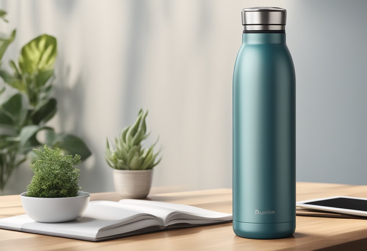 A double wall vacuum insulated water bottle sits on a table, condensation-free and keeping the liquid inside at the perfect temperature