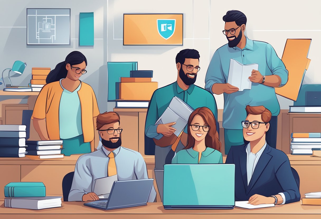 A group of people receiving cybersecurity corporate gifts, including books, computer accessories, and educational materials