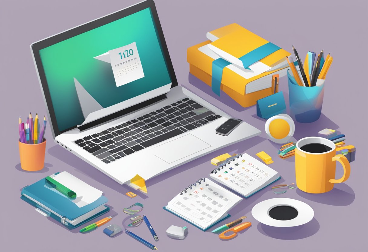 A digital calendar surrounded by corporate gifts, including pens, notebooks, and mugs, with a "Frequently Asked Questions" banner above