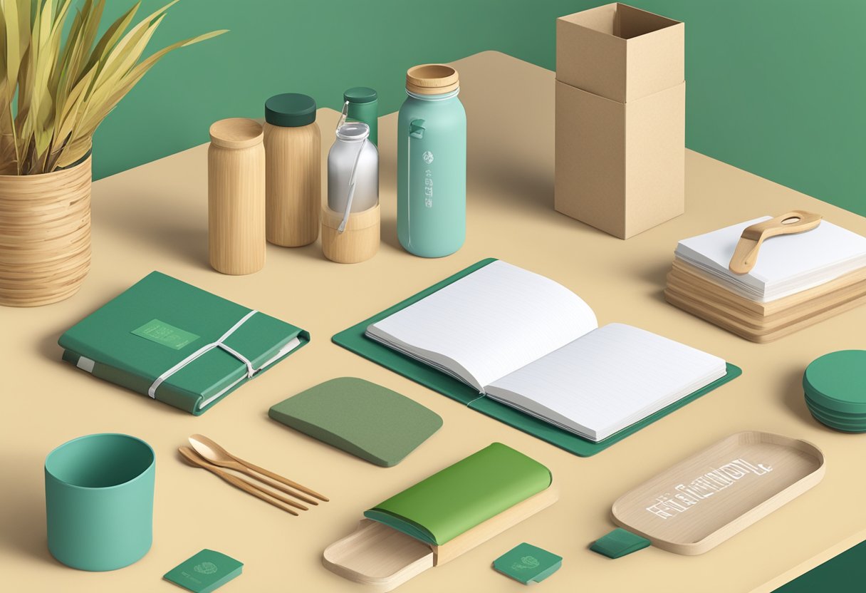 A table with eco-friendly gifts: reusable water bottles, bamboo utensils, and recycled notebooks. Eco-friendly packaging and branding visible