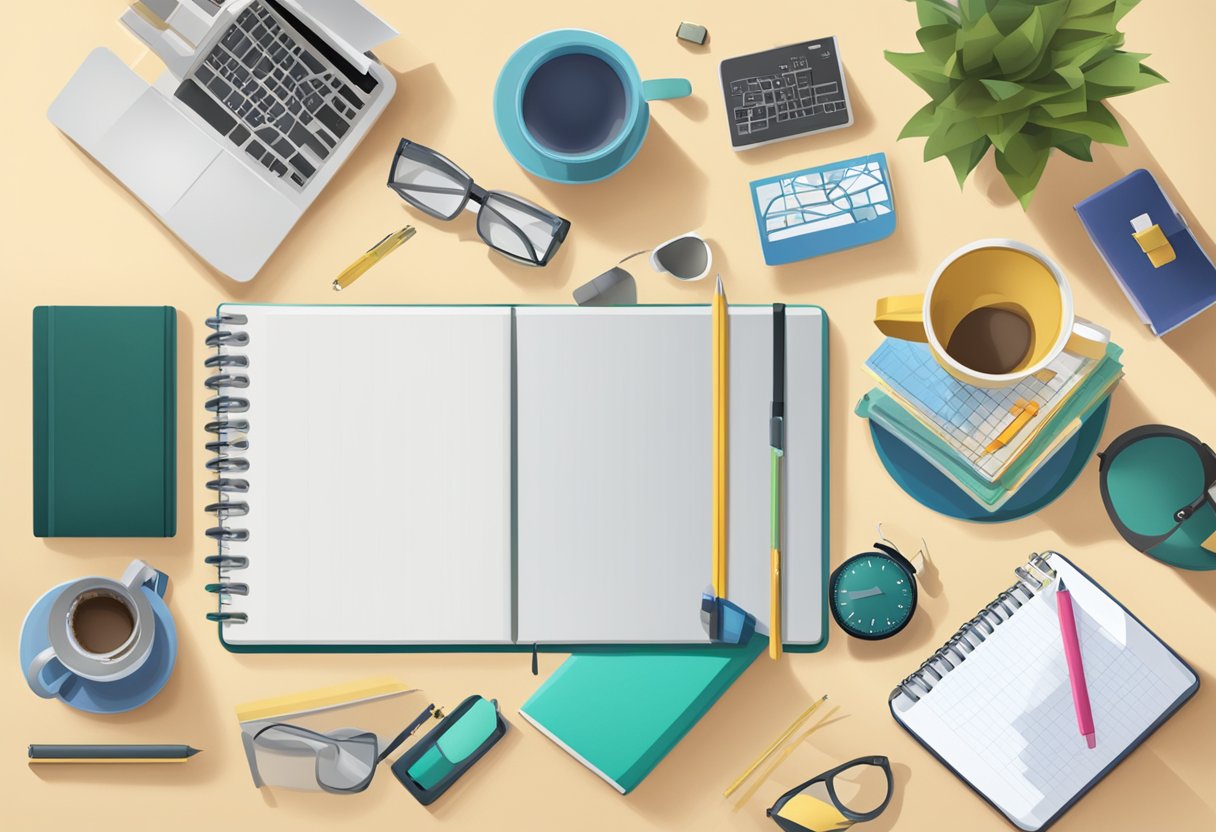 A table with various gift items like branded mugs, notebooks, and tech gadgets. A sign with "Frequently Asked Questions latest corporate gift ideas" displayed prominently