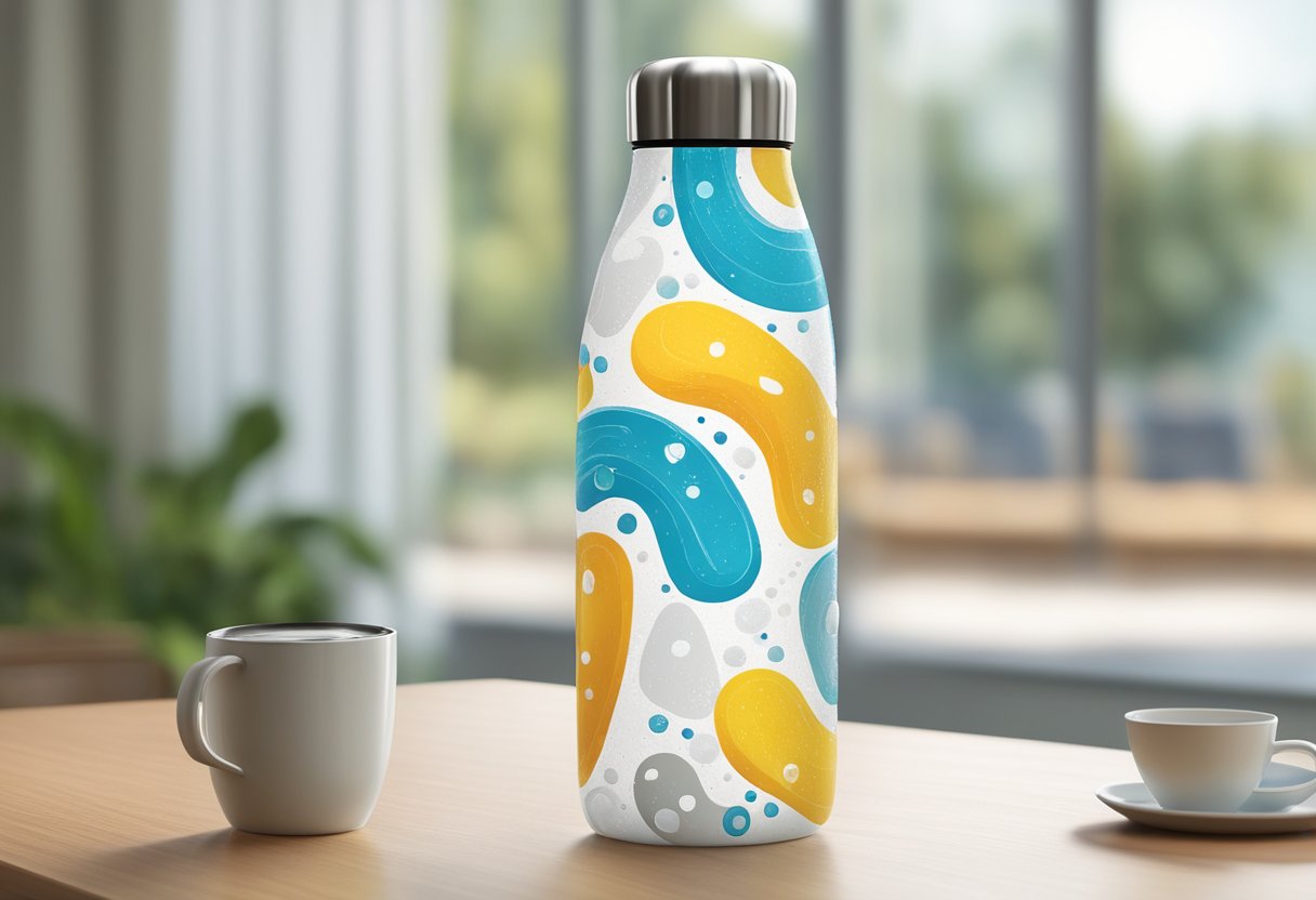 A double wall vacuum insulated water bottle sits on a table, with condensation forming on its exterior. The bottle is surrounded by various question marks, representing the frequently asked questions about its features and usage