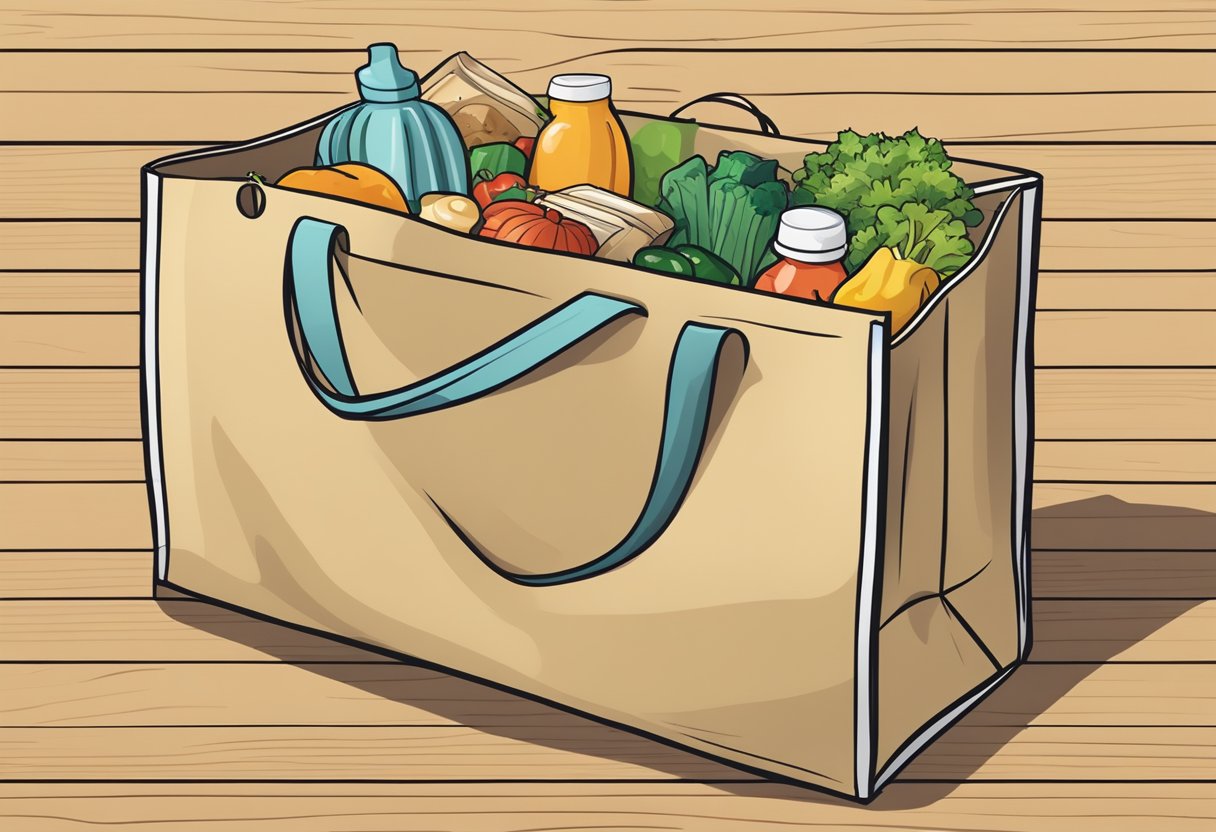 A foldable tote bag lies open on a wooden table, ready to be packed with groceries or essentials