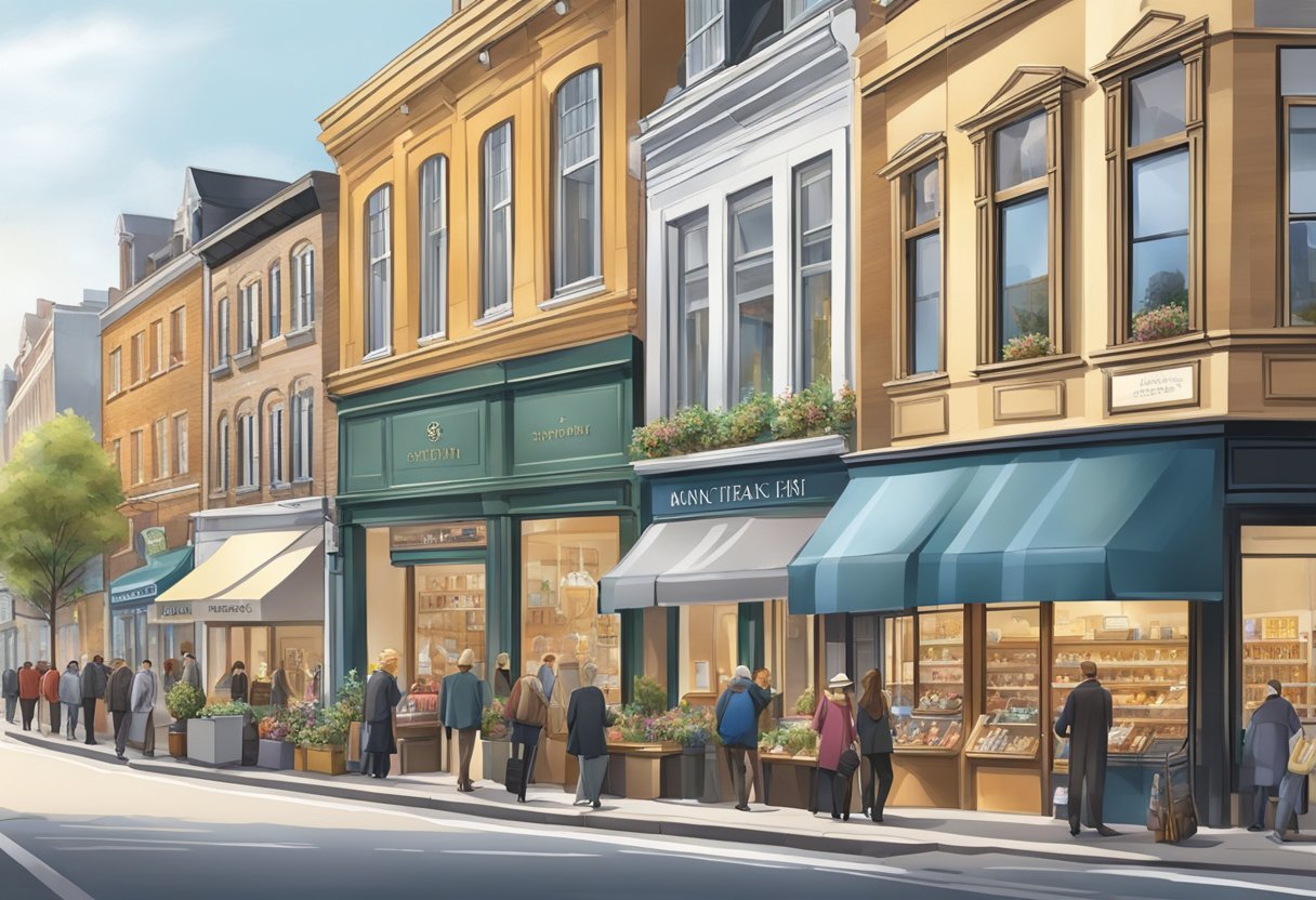 A bustling high street with corporate gift shops lining the sidewalks, displaying elegant and professional items in their windows