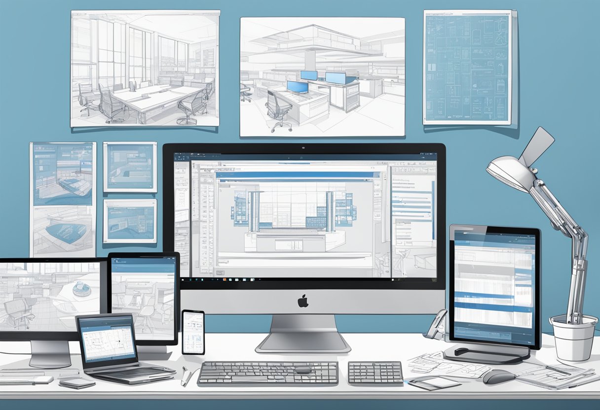 Architectural tools surround 7 computer screens displaying top accounting software logos. Blueprints and design sketches litter the desk