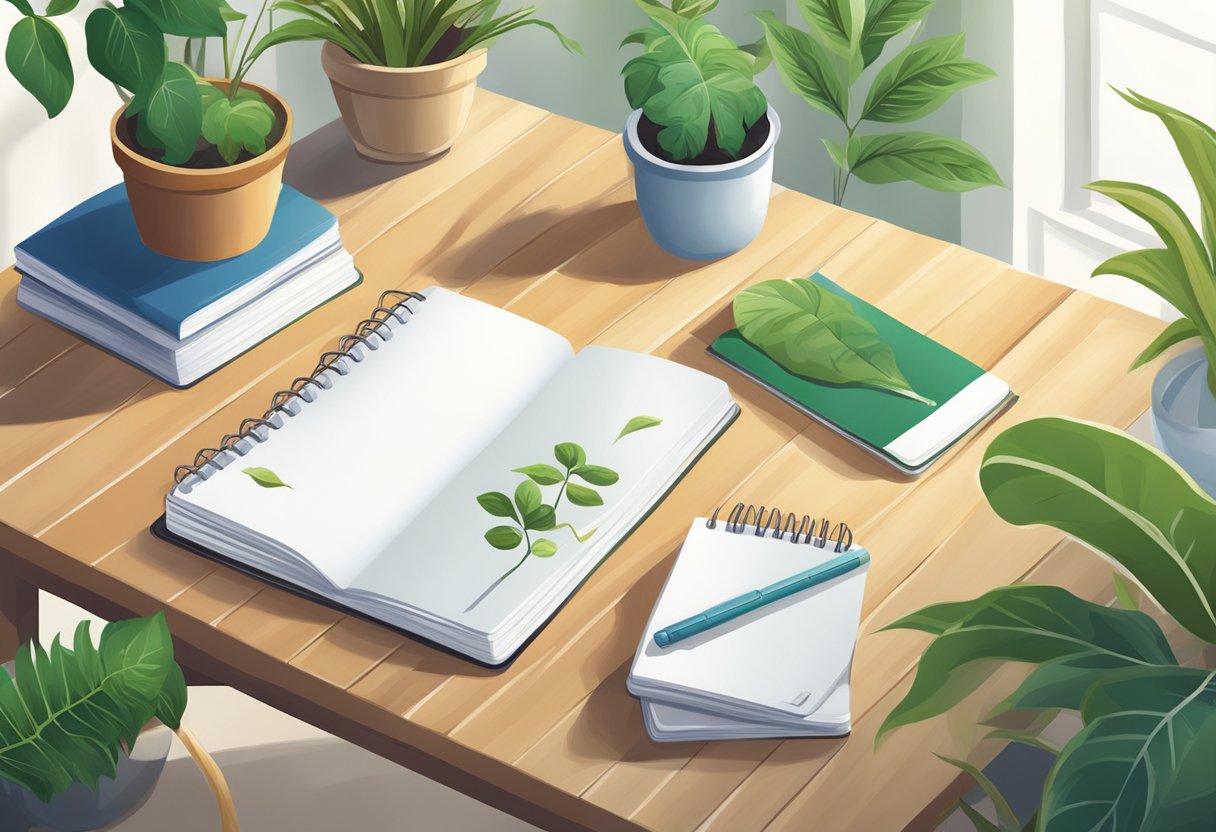 A table with eco-friendly notebooks, surrounded by plants and natural light