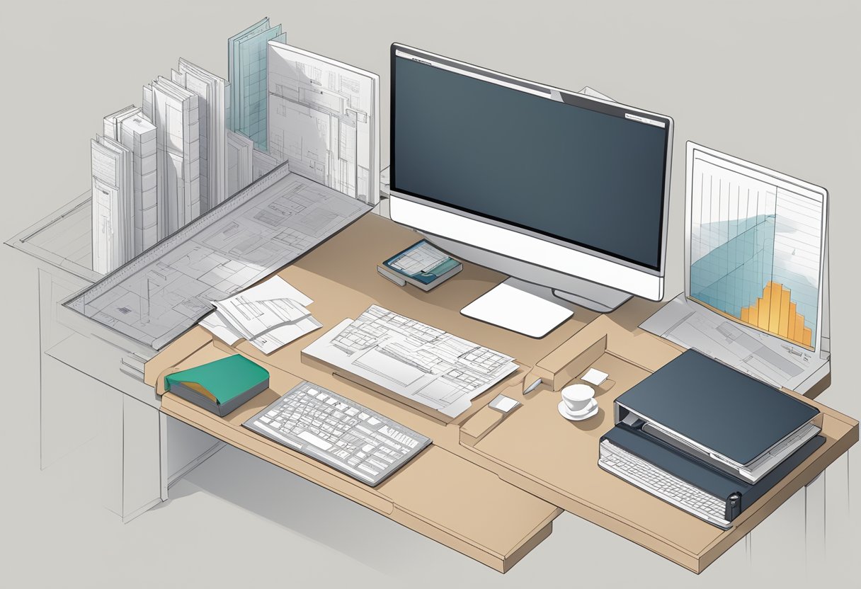 A desk with a computer displaying accounting software options for architects, surrounded by architectural drawings and a ruler