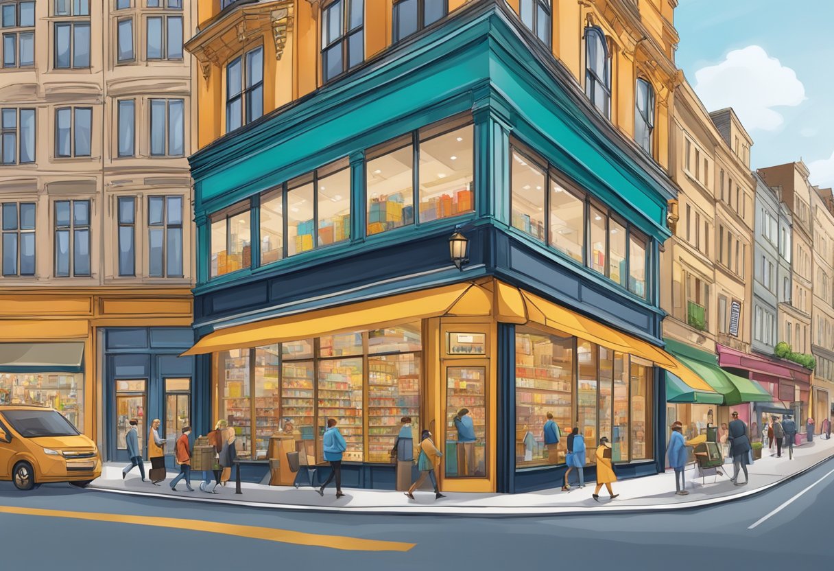 A corporate gift box sits on a high street storefront, surrounded by bustling activity and vibrant storefronts