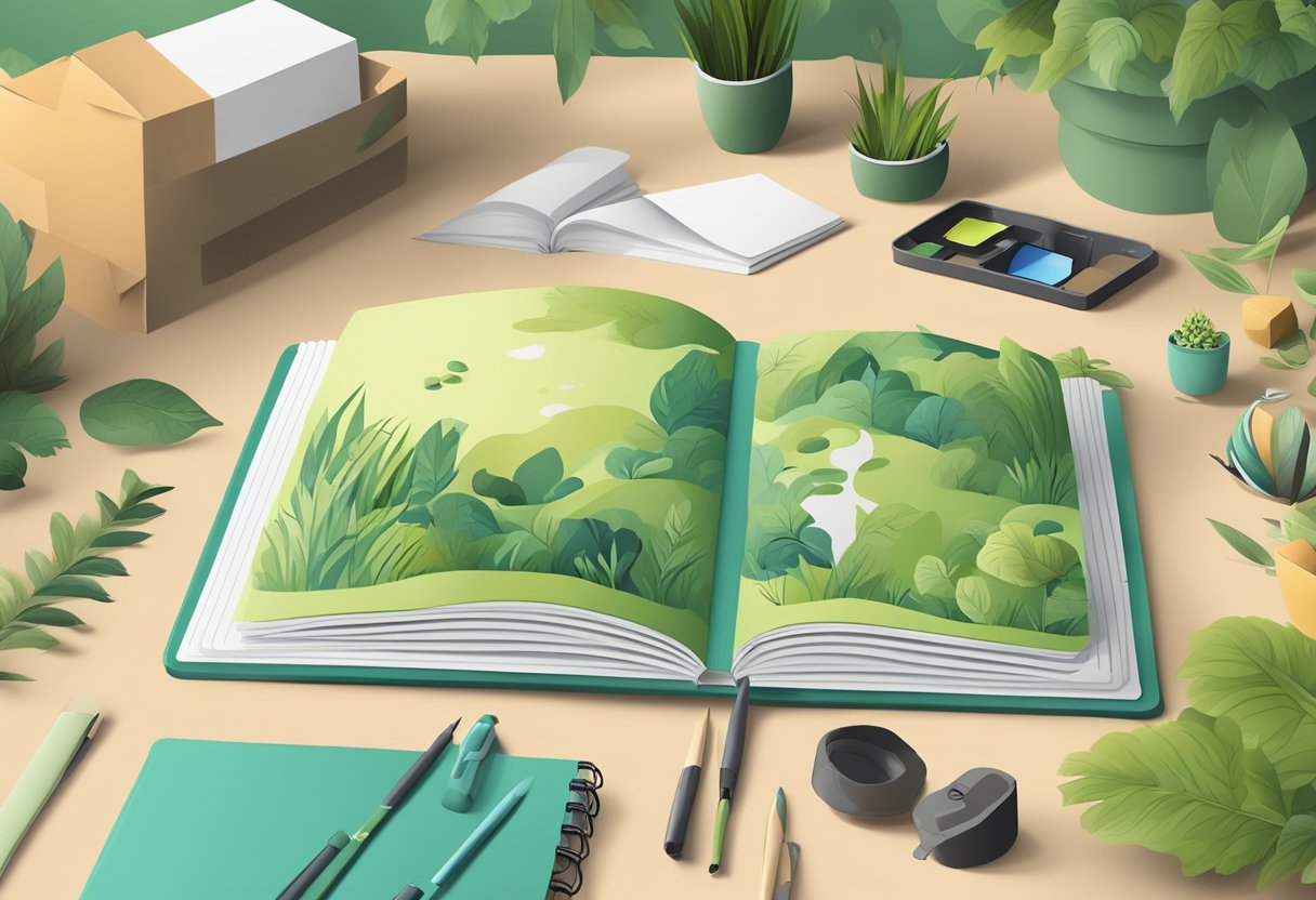 An open eco-friendly notebook surrounded by recyclable materials and nature-inspired designs