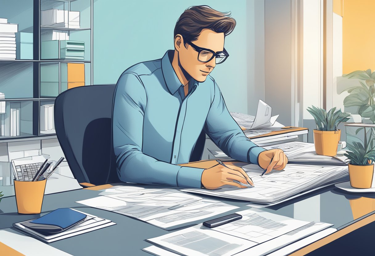 An architect sitting at a desk, surrounded by blueprints and a computer, while using accounting software to manage finances
